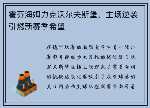 霍芬海姆力克沃尔夫斯堡，主场逆袭引燃新赛季希望
