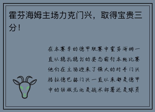 霍芬海姆主场力克门兴，取得宝贵三分！